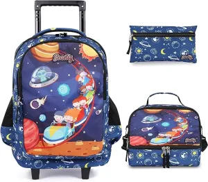 Seastig Space Navyblue Rolling Backpack 18in Double Handle Backpack with Lunch Bag Set