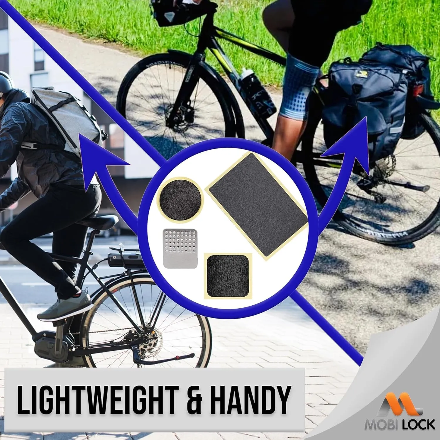 Self-Adhesive Bicycle Tire Repair Kit (40 Pieces) – Glueless Bike Tube Patches in Round, Square, and Rectangle Shape - Includes 2 Tire Levers, 1 Metal Rasp - by Mobi Lock