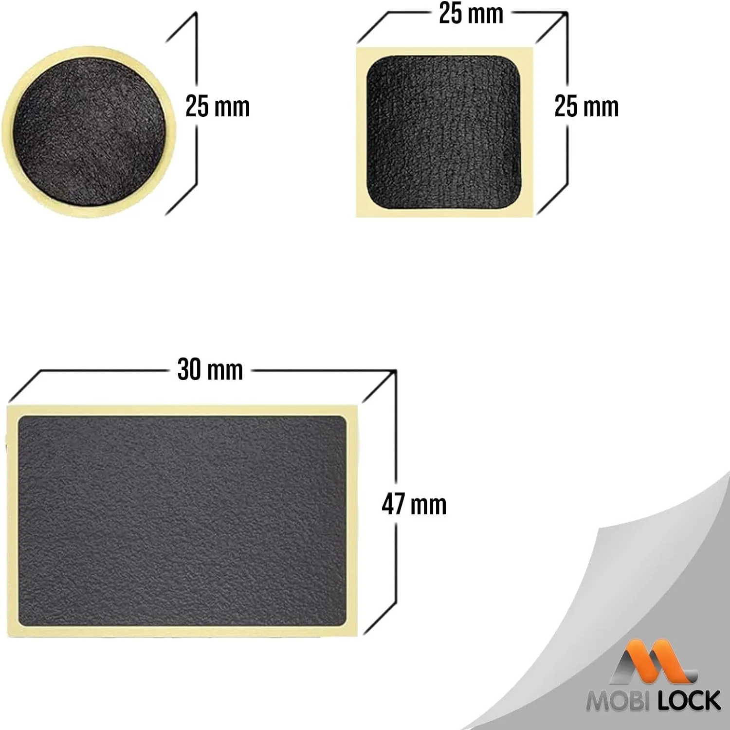 Self-Adhesive Bicycle Tire Repair Kit (40 Pieces) – Glueless Bike Tube Patches in Round, Square, and Rectangle Shape - Includes 2 Tire Levers, 1 Metal Rasp - by Mobi Lock
