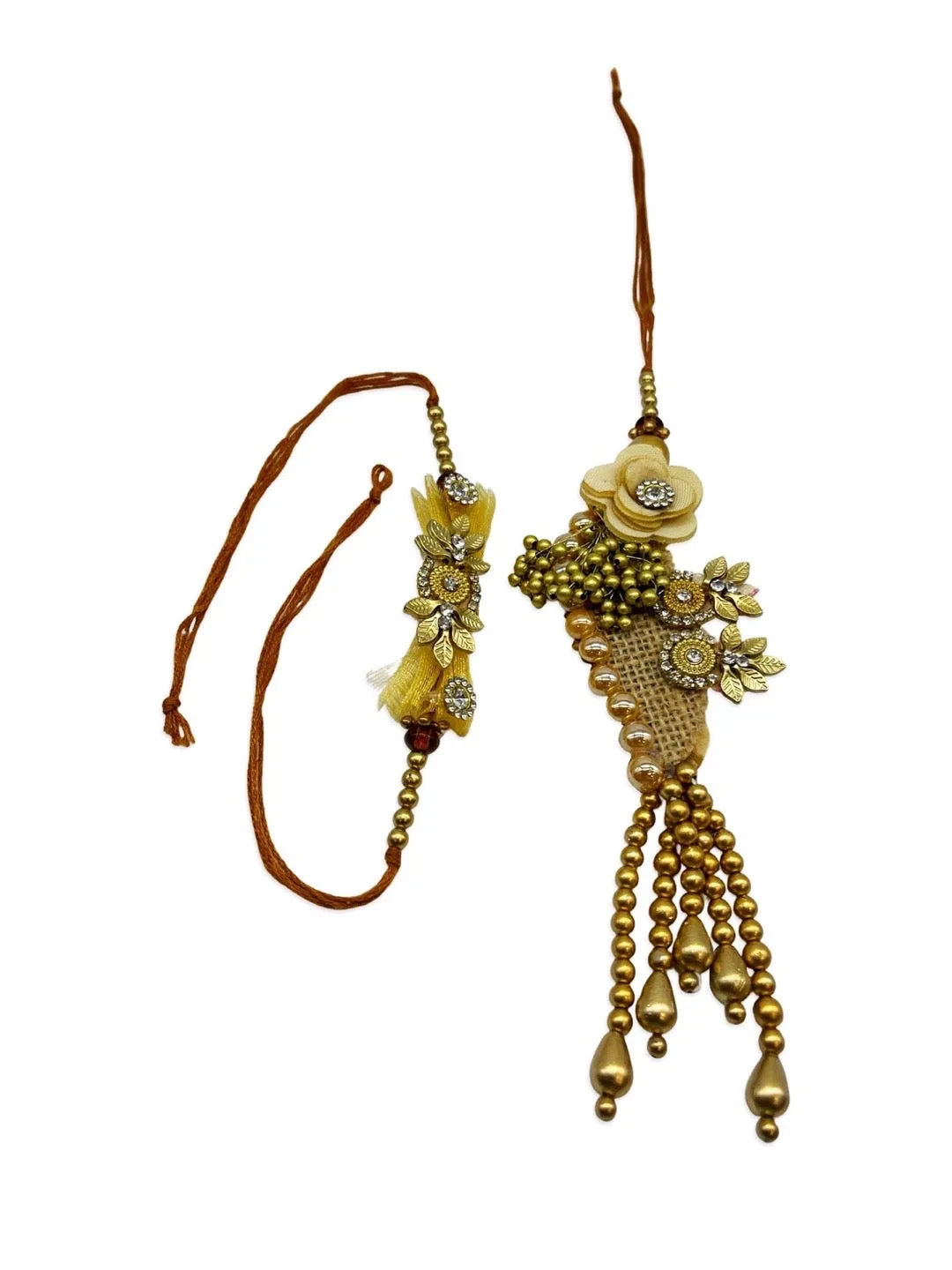 (Set of 2) Designer Rakhi Lumba Set With Floral/Beads/Pearl Design Rakhi For Brother And Bhabhi