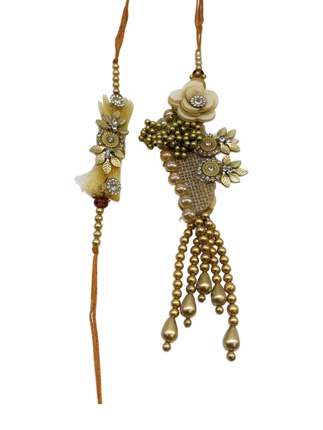 (Set of 2) Designer Rakhi Lumba Set With Floral/Beads/Pearl Design Rakhi For Brother And Bhabhi