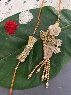 (Set of 2) Designer Rakhi Lumba Set With Floral/Beads/Pearl Design Rakhi For Brother And Bhabhi