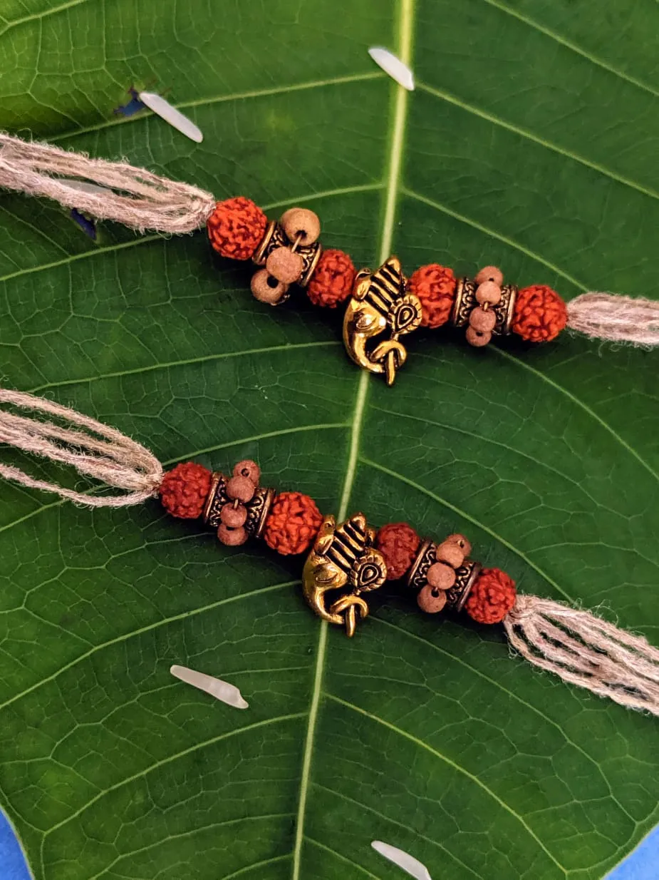 (Set of 2) Ganesh Ji Designer Rakhi with Rudraksha Tulsi Beads Thread Rakhi