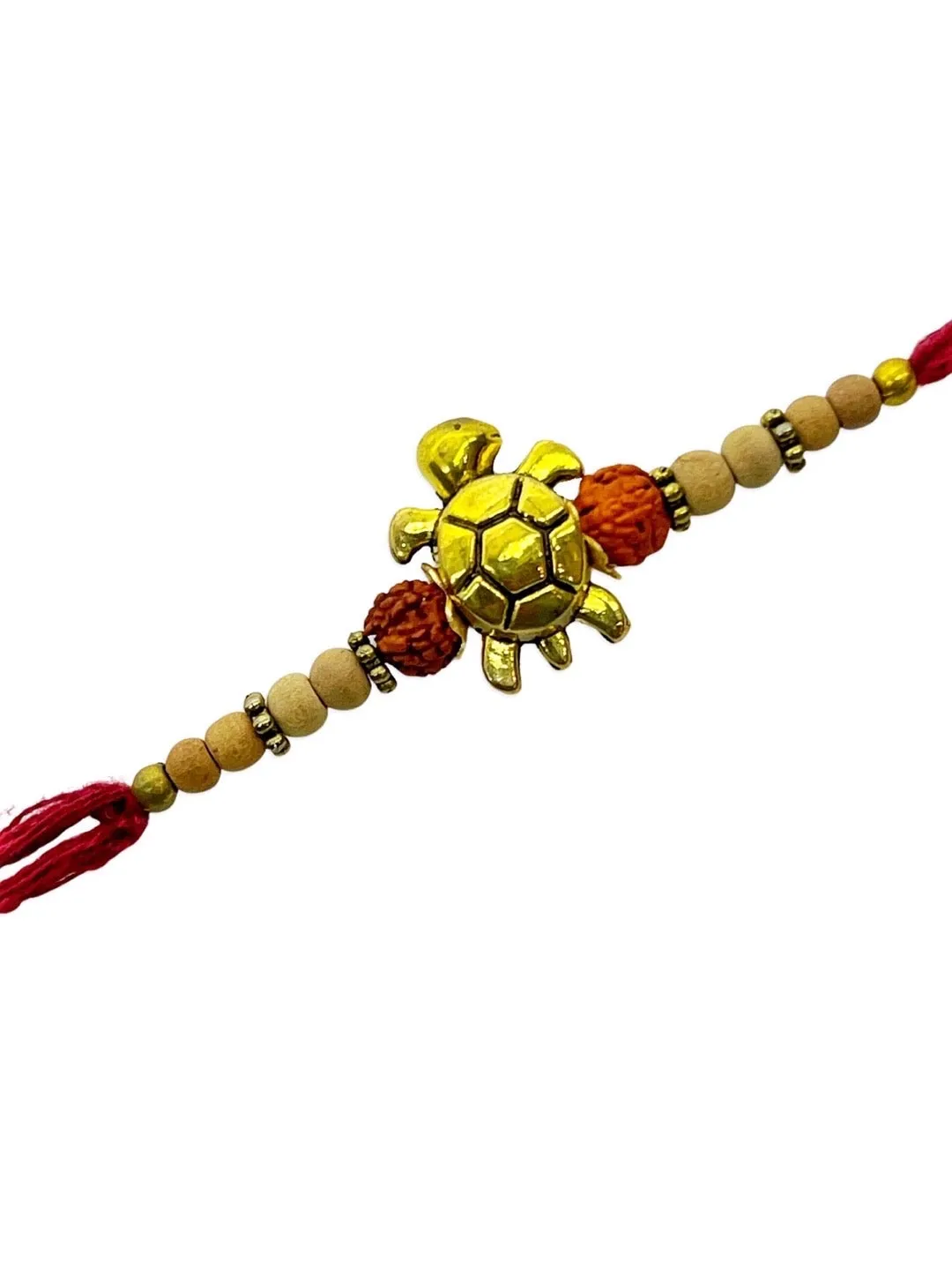 (Set of 3) Tortoise Designer Rakhi for Men Gold Plated Rudraksha Tulsi Beads Maroon Thread Rakhi