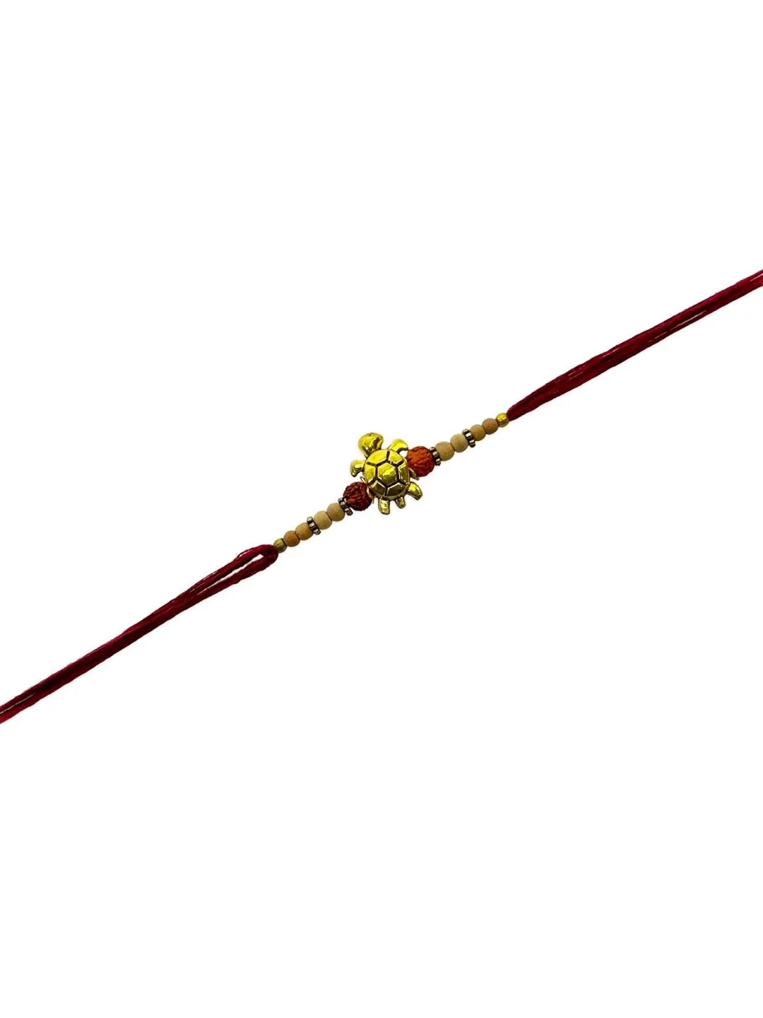 (Set of 3) Tortoise Designer Rakhi for Men Gold Plated Rudraksha Tulsi Beads Maroon Thread Rakhi