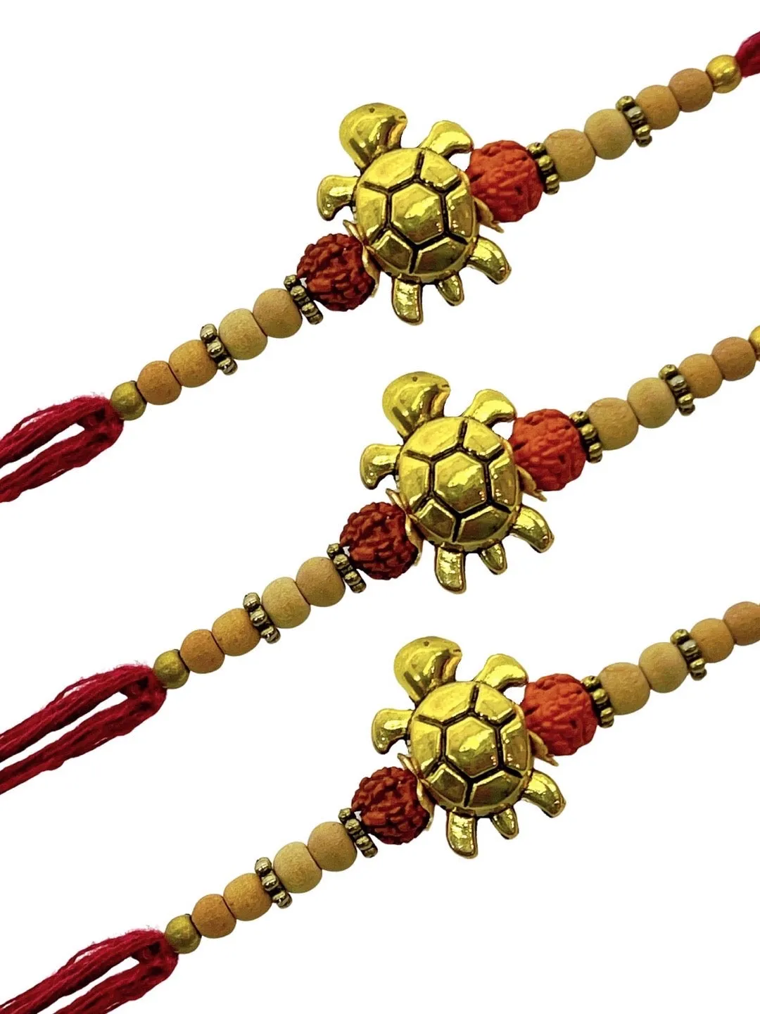 (Set of 3) Tortoise Designer Rakhi for Men Gold Plated Rudraksha Tulsi Beads Maroon Thread Rakhi