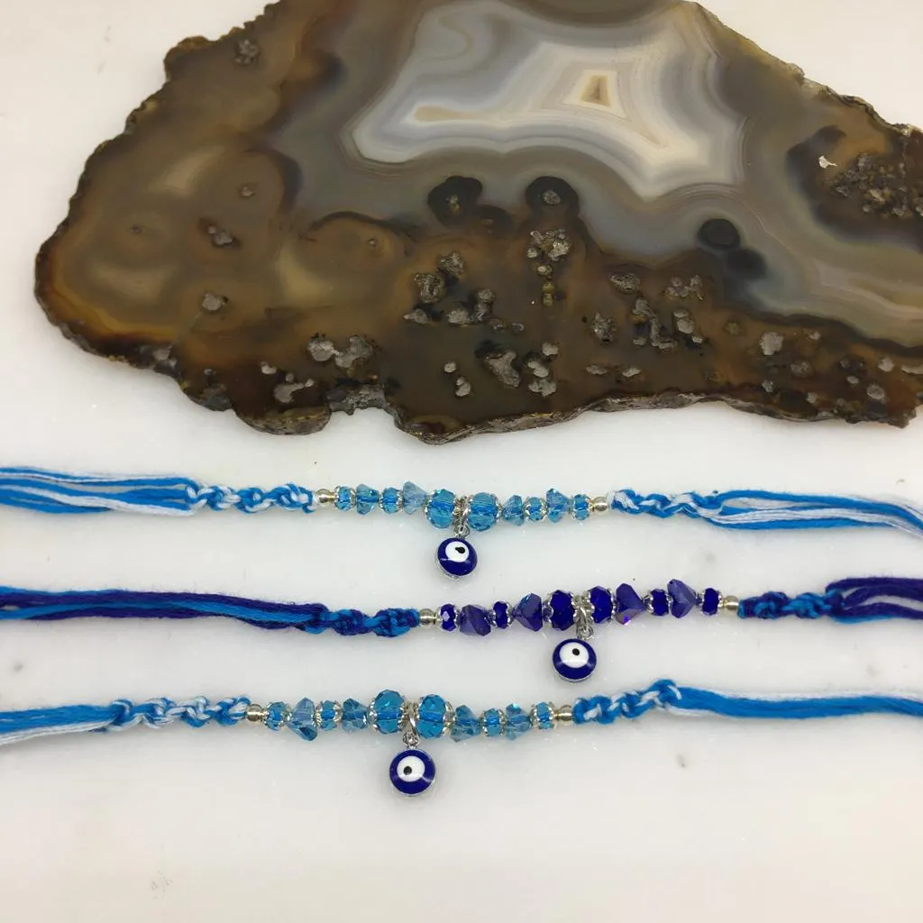 (Set of 3)Navy Blue Evil Eye Rakhi for Men Silver Blue Beads Rakhi