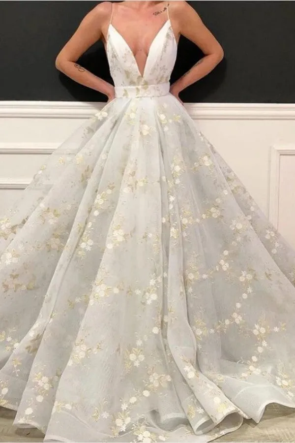 Sexy Ball Gown White Prom Dress Spaghetti Straps Long V-neck