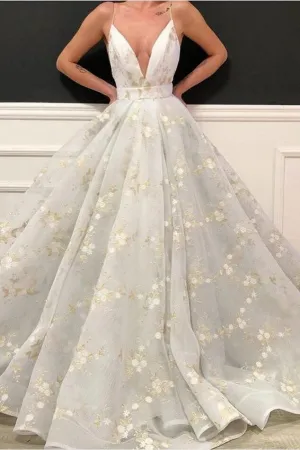 Sexy Ball Gown White Prom Dress Spaghetti Straps Long V-neck