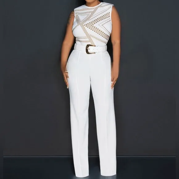 Sexy Off-white Gold Studs Gold Buckle Belt Jumpsuit