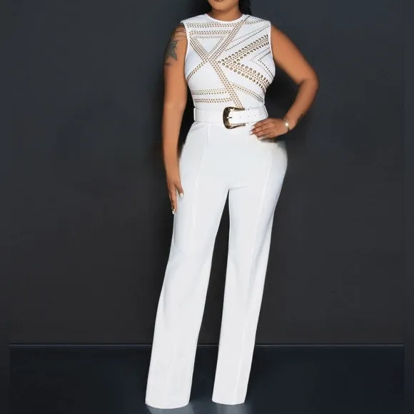 Sexy Off-white Gold Studs Gold Buckle Belt Jumpsuit