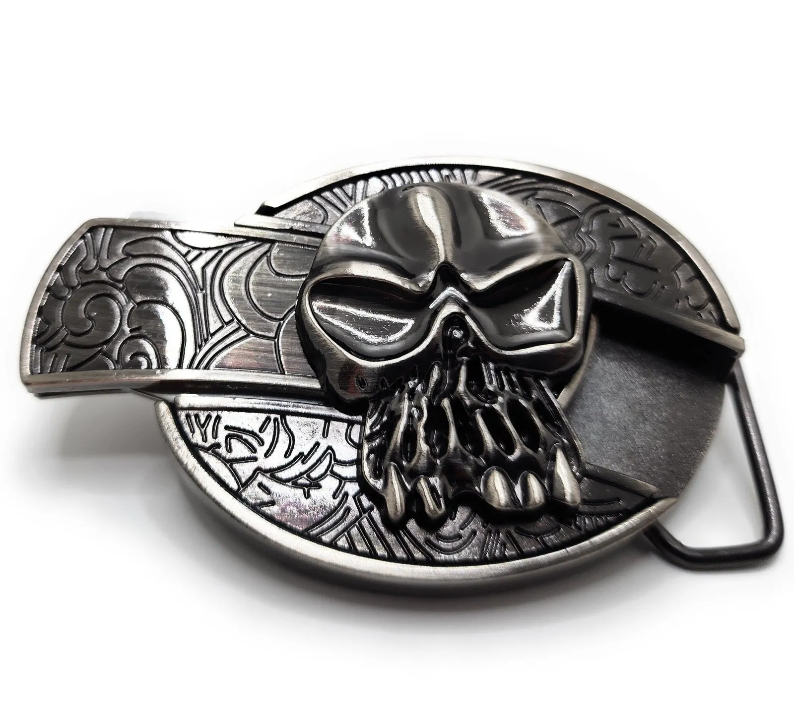 Silver Skull Folding Knife Belt Buckle