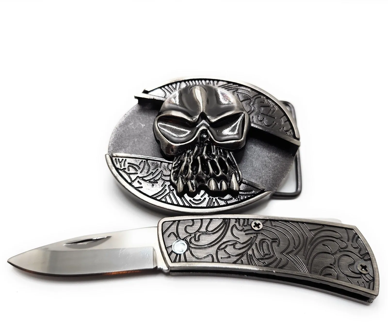 Silver Skull Folding Knife Belt Buckle