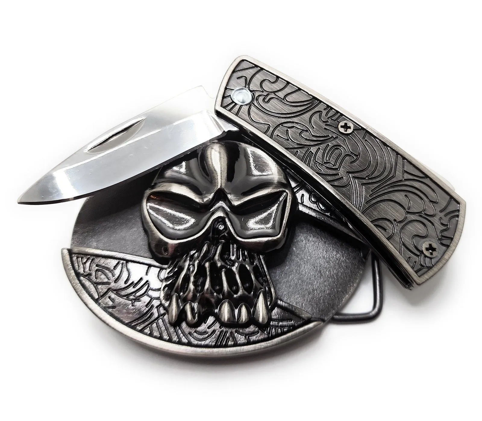 Silver Skull Folding Knife Belt Buckle