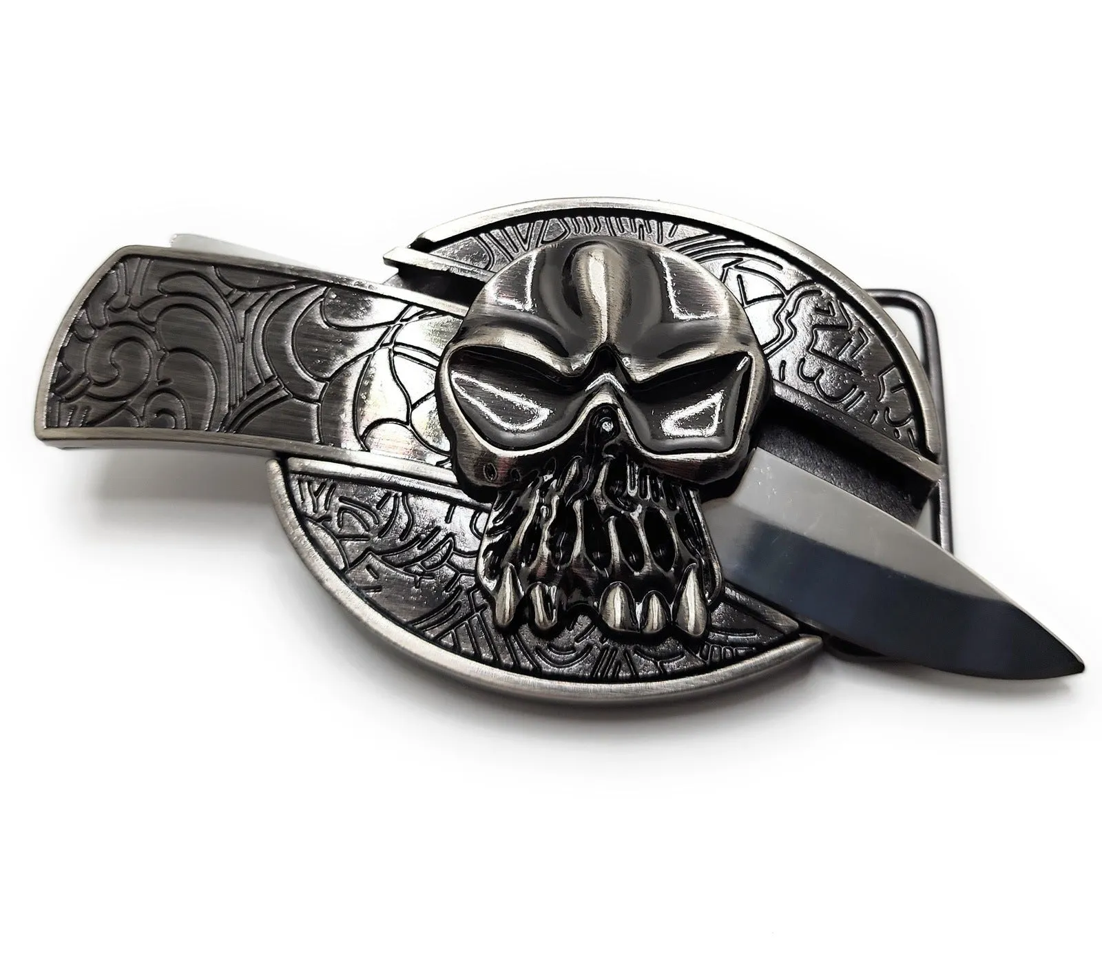 Silver Skull Folding Knife Belt Buckle