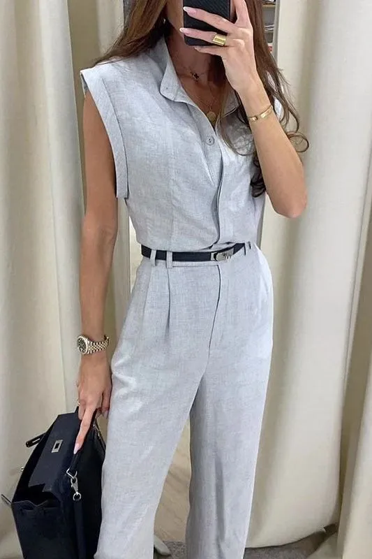Simple sleeveless lapel belt suit