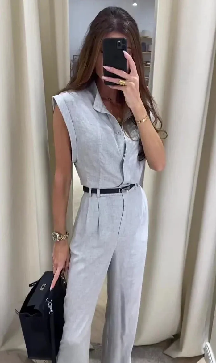 Simple sleeveless lapel belt suit
