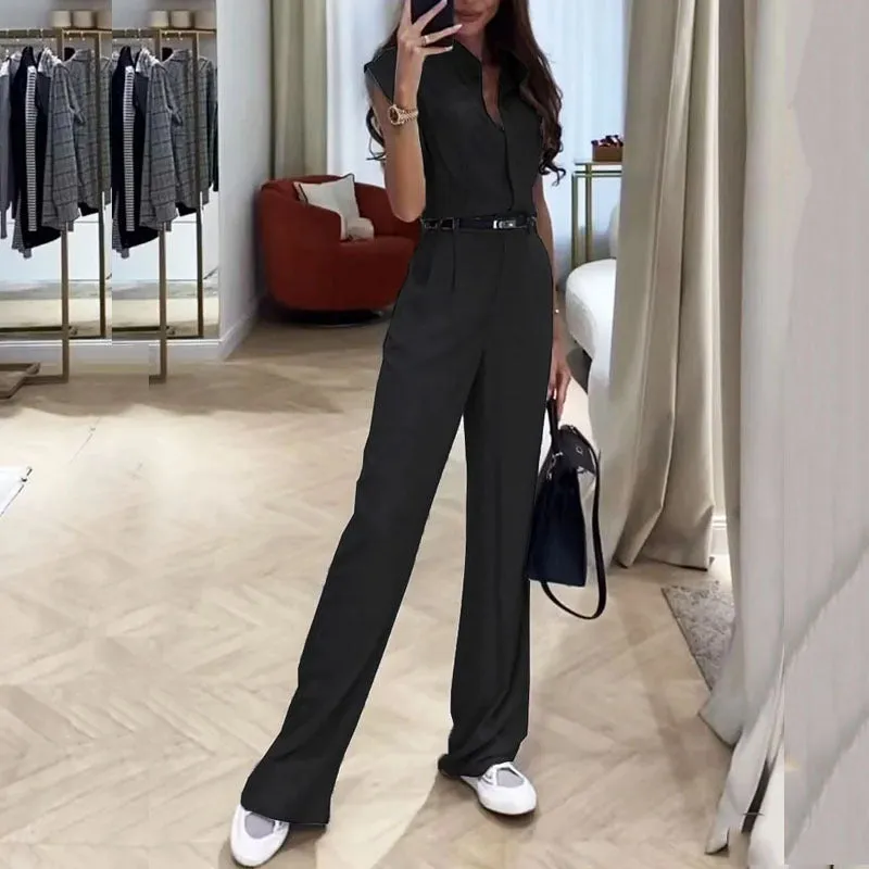 Simple sleeveless lapel belt suit