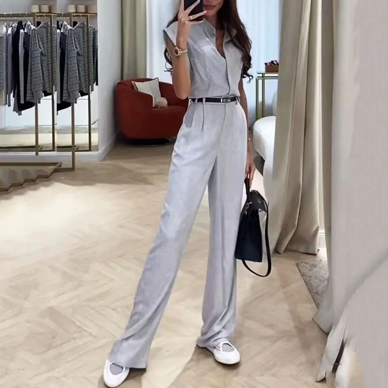 Simple sleeveless lapel belt suit