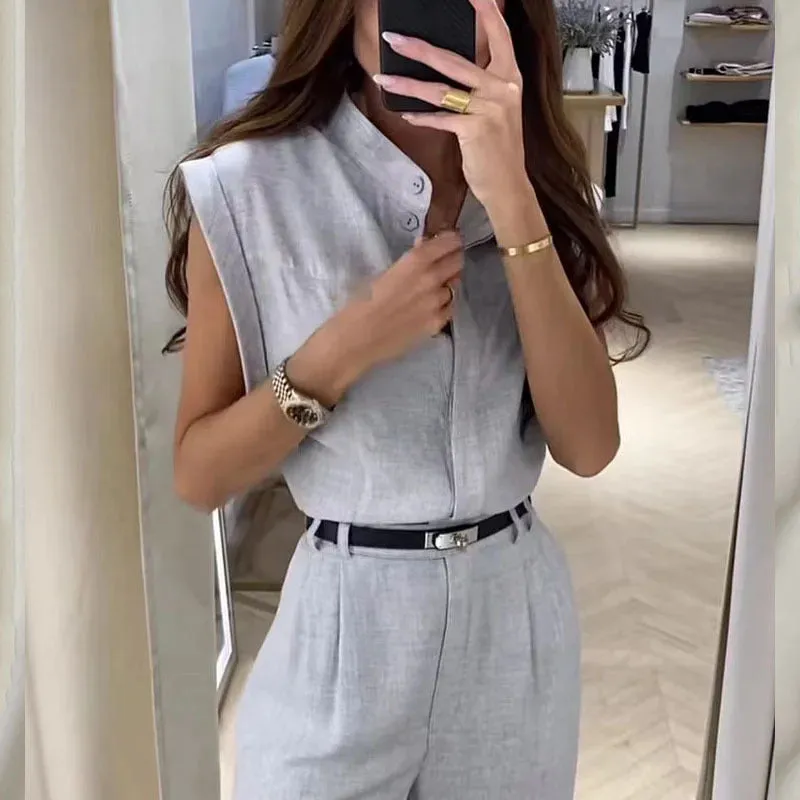 Simple sleeveless lapel belt suit