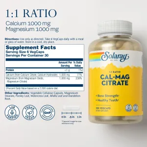 Solaray Cal Mag Citrate 1:1 Ratio, 180 Vegetarian Capsules