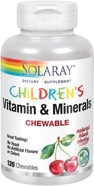 Solaray Childrens Vitamins & Minerals | Complete Multivitamin for Kids | Great Black Cherry Flavor (120 Chews, 60 Serv)