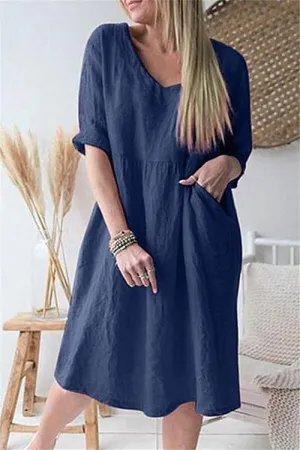 Solid V Neck Pockets Dress