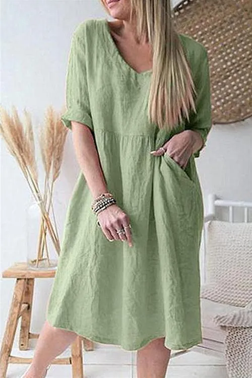 Solid V Neck Pockets Dress