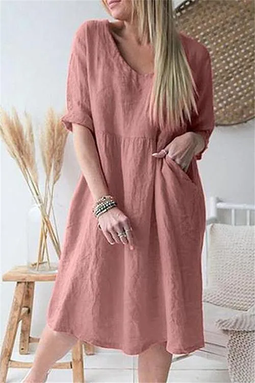 Solid V Neck Pockets Dress
