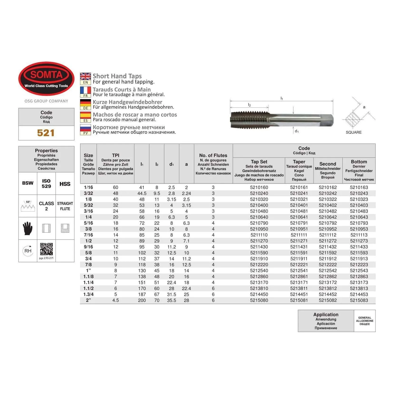 SOMTA - Series 521 HSS BSW Tap 5/16" Taper (Whitworth) - Short Hand Tap