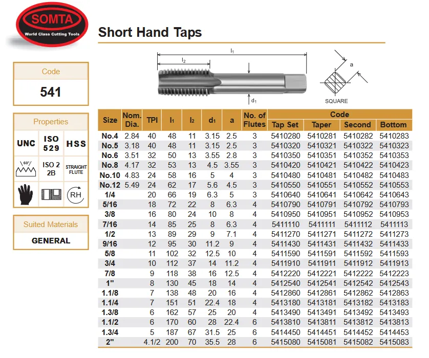SOMTA - Series 541 HSS UNC Thread Tap No.4 Taper - Short Hand Tap