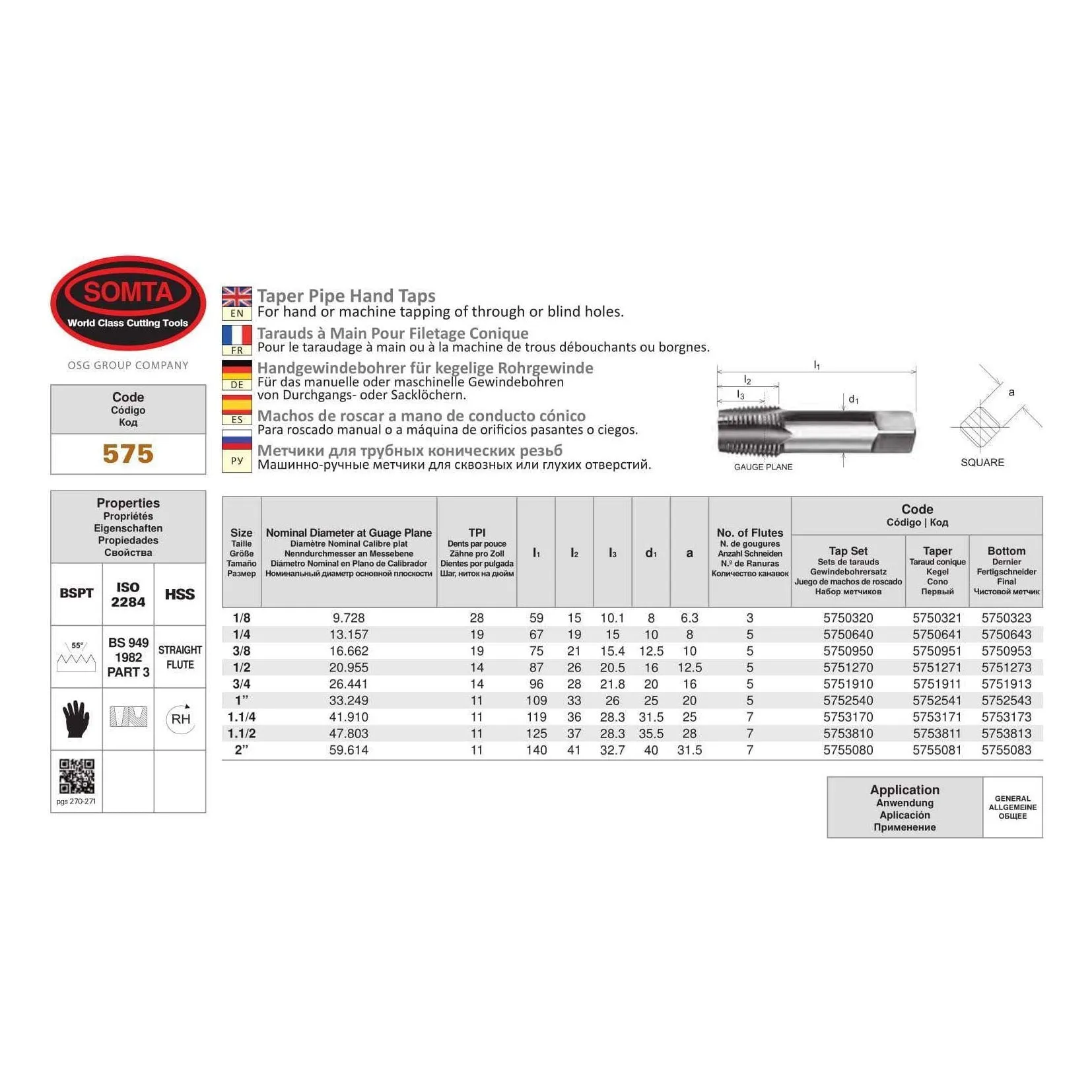SOMTA - Series 575 HSS BSPT Tap 1-1/4" (Bottoming Lead, Taper Form)
