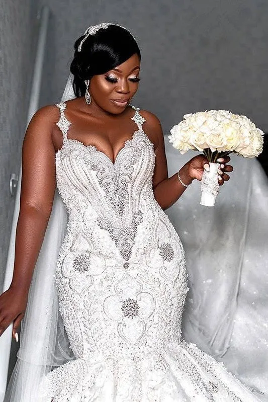 Spaghetti Strap Luxurious Sweetheart Wedding Dress Beading Appliques Mermaid Bridal Dresses