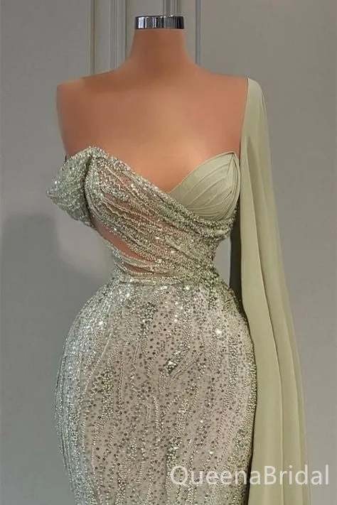 Sparkle Green Off Shoulder V Neck Mermaid Evening Gown Long Evening Party Prom Dresses ,WGP1245