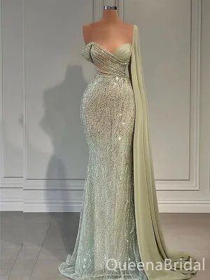 Sparkle Green Off Shoulder V Neck Mermaid Evening Gown Long Evening Party Prom Dresses ,WGP1245