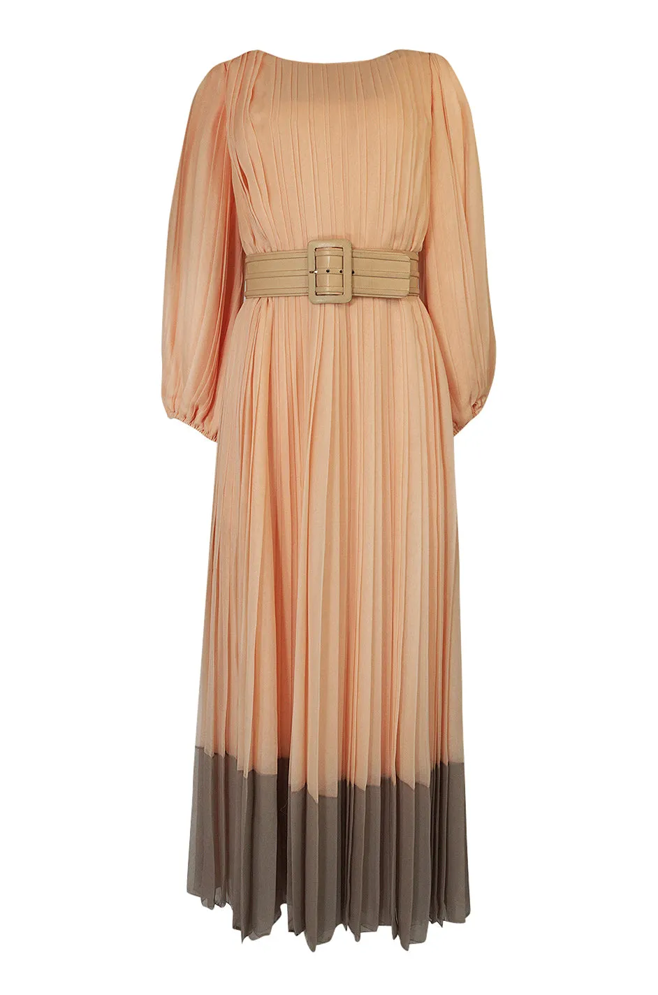 Spring 1973 Galanos Couture Pleated Peach & Taupe Silk Chiffon Dress