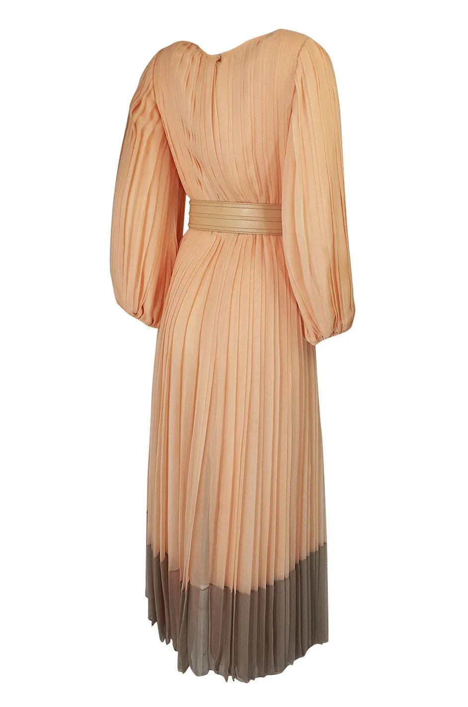 Spring 1973 Galanos Couture Pleated Peach & Taupe Silk Chiffon Dress