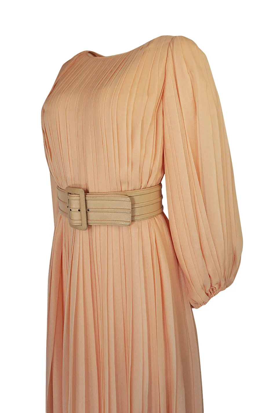 Spring 1973 Galanos Couture Pleated Peach & Taupe Silk Chiffon Dress