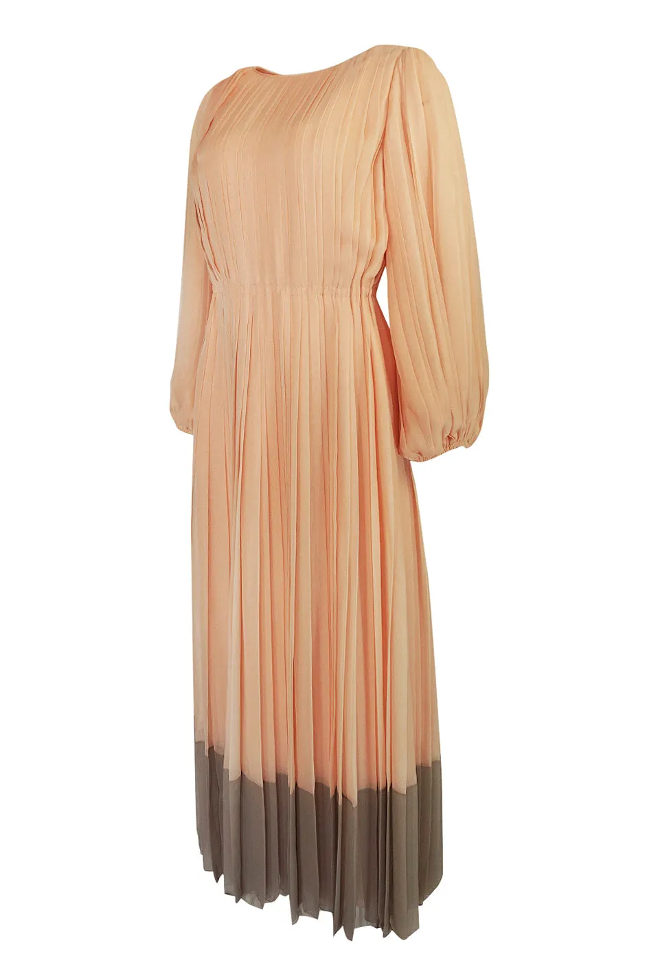 Spring 1973 Galanos Couture Pleated Peach & Taupe Silk Chiffon Dress