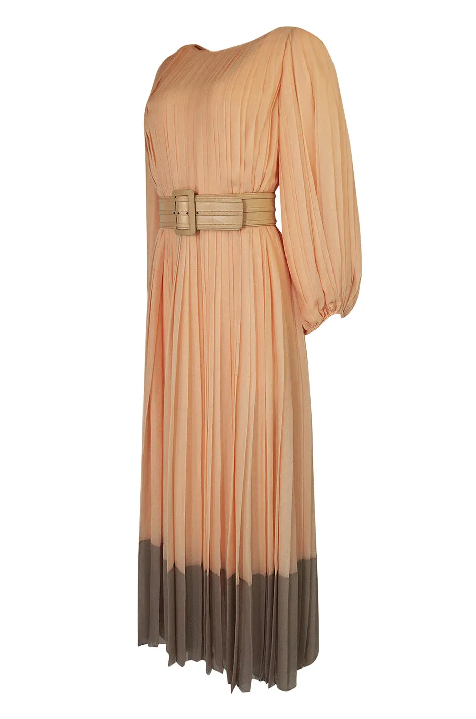 Spring 1973 Galanos Couture Pleated Peach & Taupe Silk Chiffon Dress