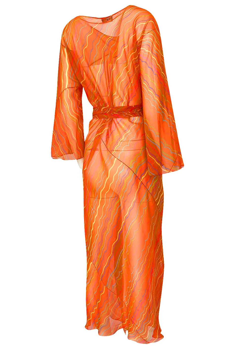 Spring 1973 Halston Bright Tangerine Striped Silk Chiffon Caftan w Sash