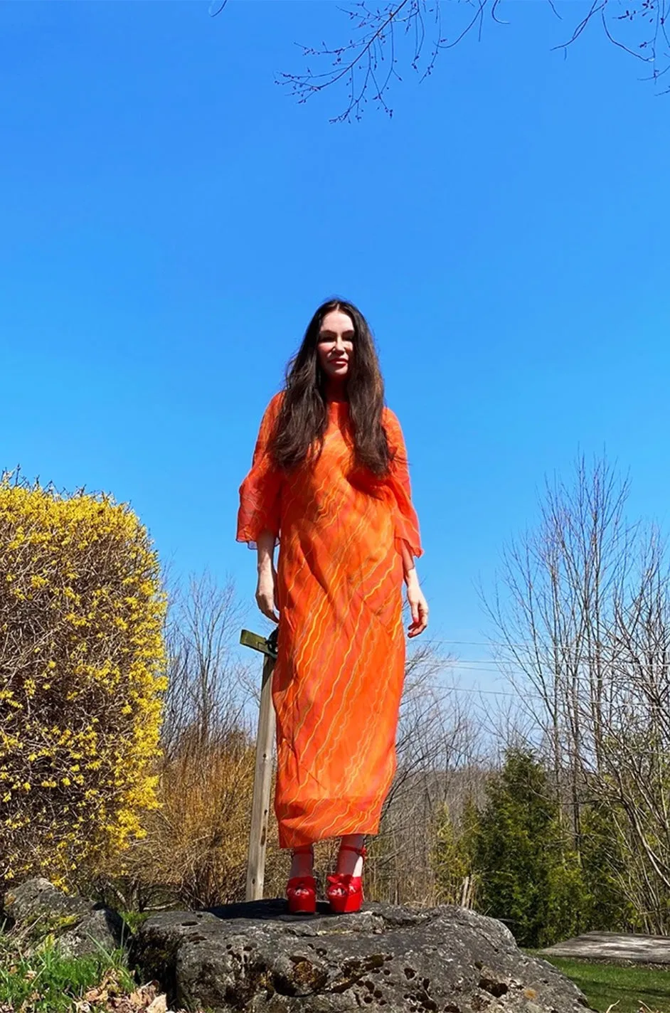 Spring 1973 Halston Bright Tangerine Striped Silk Chiffon Caftan w Sash