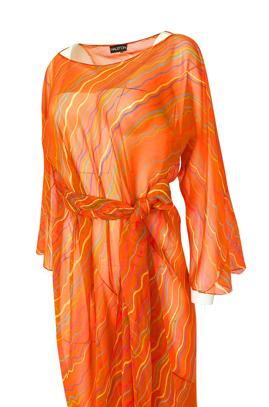 Spring 1973 Halston Bright Tangerine Striped Silk Chiffon Caftan w Sash