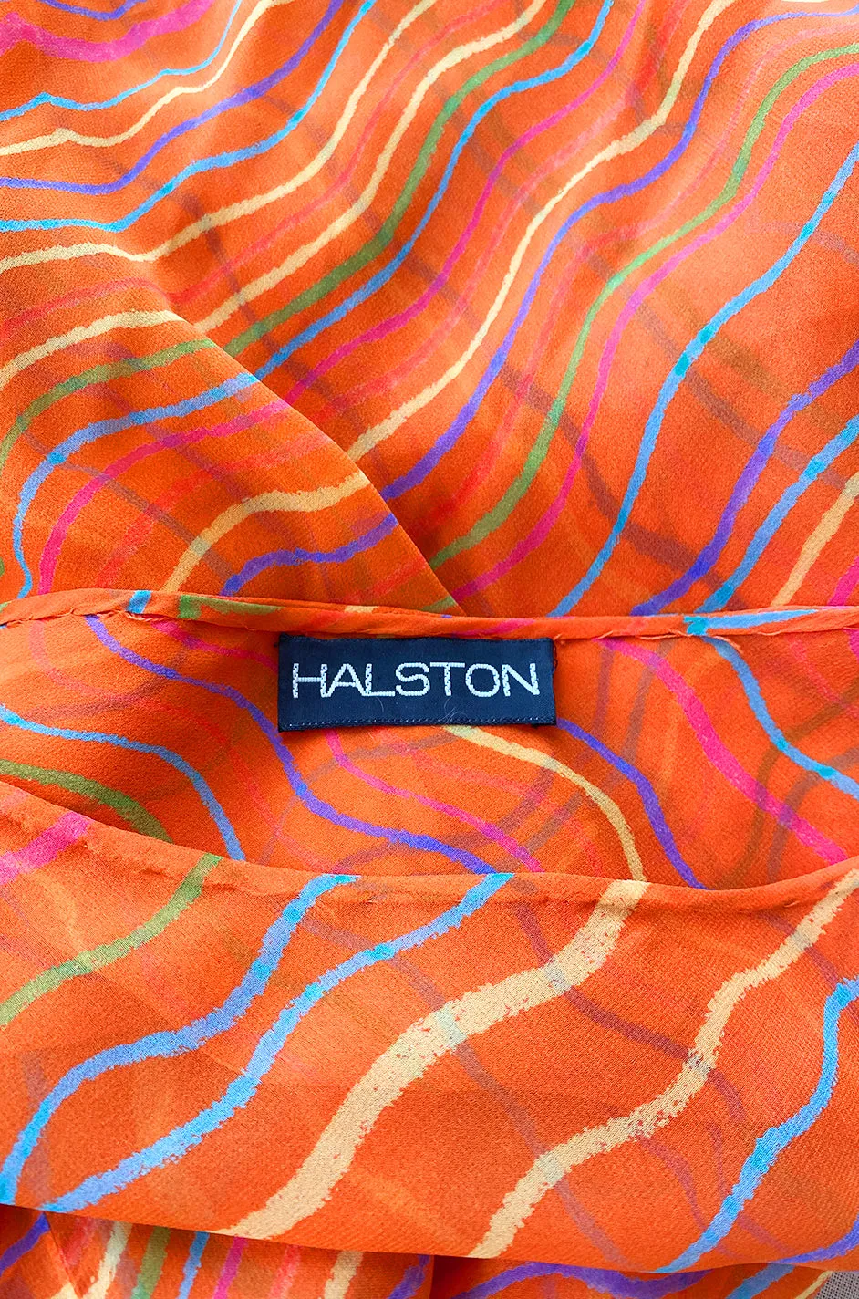 Spring 1973 Halston Bright Tangerine Striped Silk Chiffon Caftan w Sash