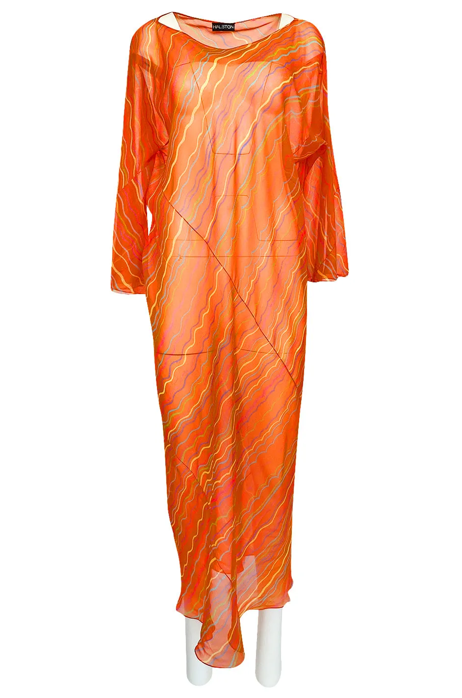 Spring 1973 Halston Bright Tangerine Striped Silk Chiffon Caftan w Sash