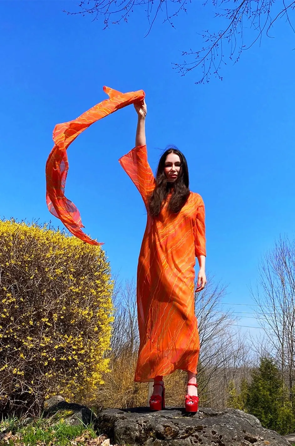Spring 1973 Halston Bright Tangerine Striped Silk Chiffon Caftan w Sash