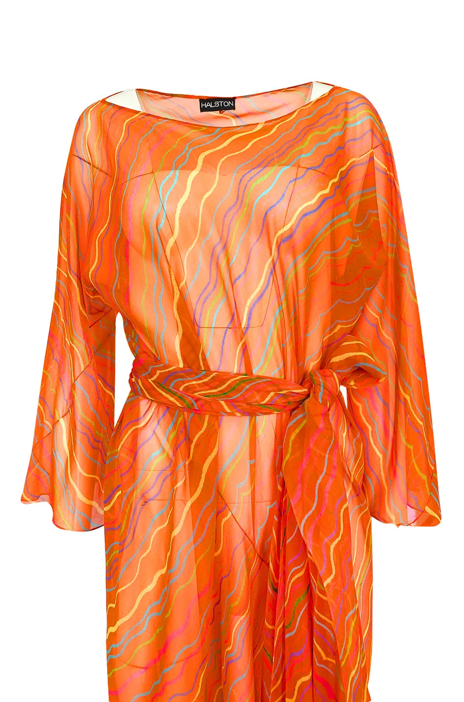 Spring 1973 Halston Bright Tangerine Striped Silk Chiffon Caftan w Sash
