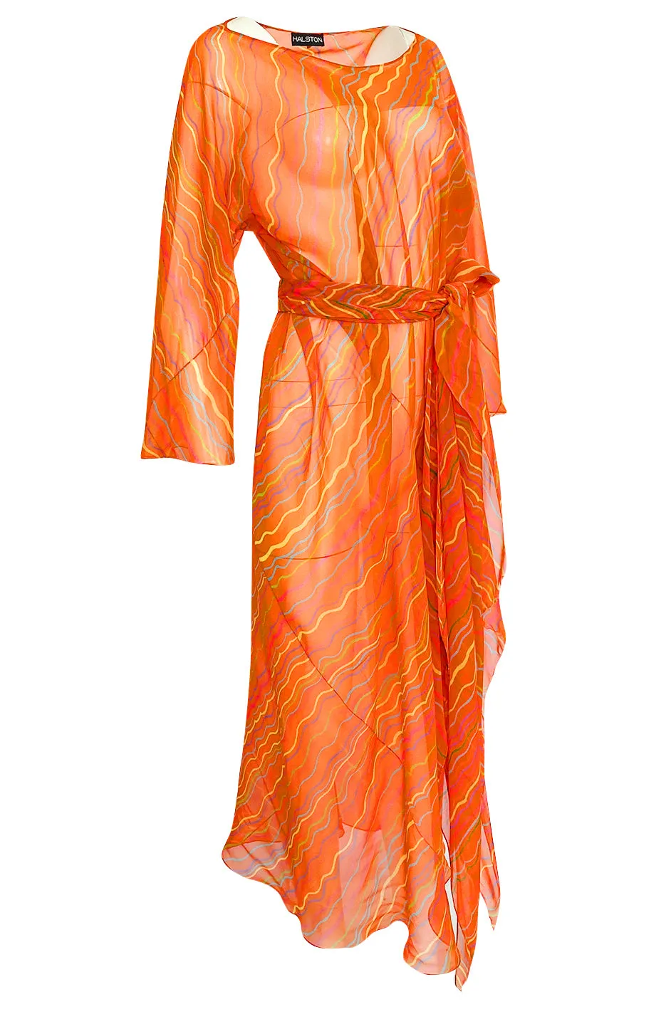 Spring 1973 Halston Bright Tangerine Striped Silk Chiffon Caftan w Sash