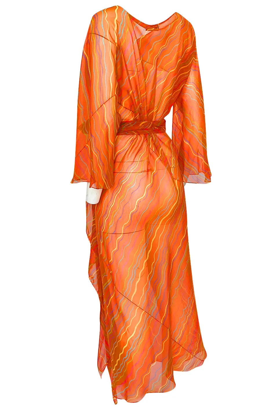 Spring 1973 Halston Bright Tangerine Striped Silk Chiffon Caftan w Sash