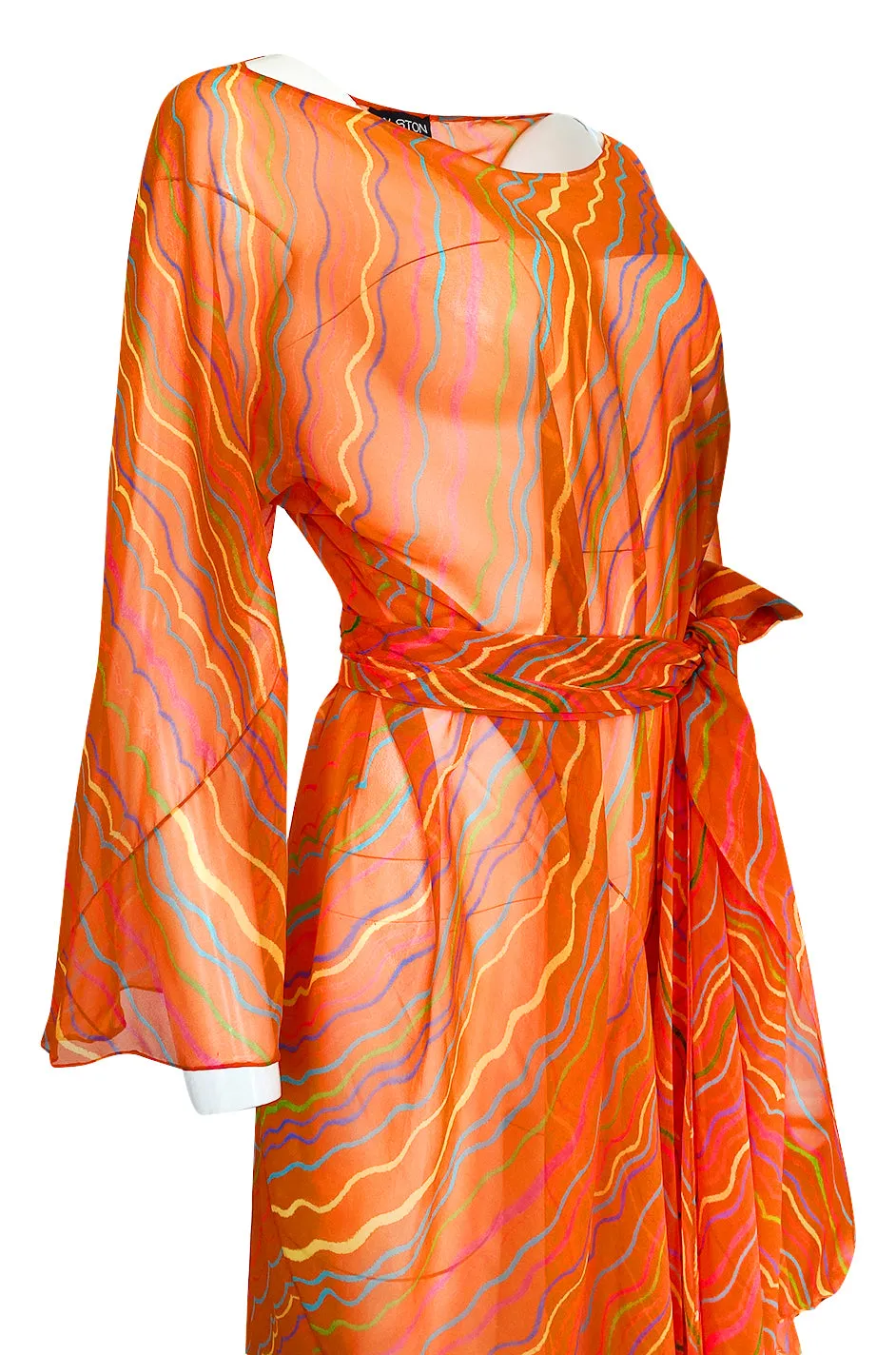 Spring 1973 Halston Bright Tangerine Striped Silk Chiffon Caftan w Sash
